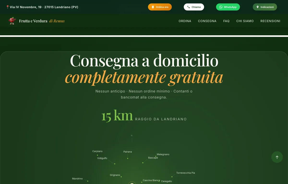 Sezione consegna a domicilio con mappa del raggio di 15 km
