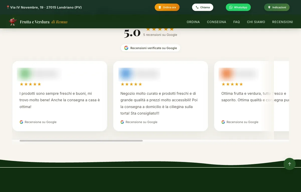 Recensioni Google 5.0 del negozio mostrate sul sito (nomi oscurati per privacy)